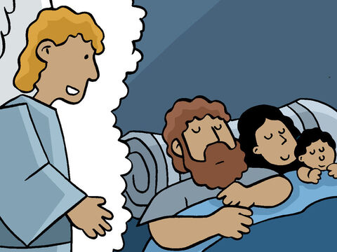 Mas um anjo apareceu a José para adverti-lo.<br/>"Levante-se e fuja com o menino e sua mãe para o Egito. Fique lá até eu dizer que está na hora de ir". – Slide número 20