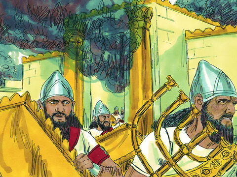 O Senhor permitiu que os Babilônios tomassem a cidade. O exército vitorioso tomou objetos sagrados do Templo de Deus para levar de volta à Babilônia. – Slide número 4