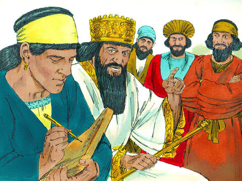 Então eles foram ver o rei e disseram: “Rei Dario, todos os que governam vosso império querem que ordeneis que, por trinta dias, ninguém tenha permissão para orar a qualquer deus, apenas Vossa Majestade. Qualquer um que violar esta lei será jogado em uma cova cheia de leões. "O rei Dario assinou a lei - e as leis dos medos e persas não podiam ser alteradas. – Slide número 6