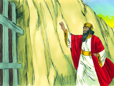 Ao amanhecer, o rei se levantou e correu para a cova. “Daniel, servo do Deus vivo!”, gritou ele. “O Deus a quem você serve tão lealmente foi capaz de salvá-lo dos leões?” – Slide número 11
