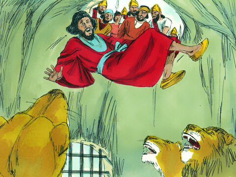 O rei então ordenou que aqueles que haviam acusado Daniel fossem presos e lançados na cova cheia de leões. Os leões se lançaram sobre eles e trituraram todos os seus ossos. – Slide número 13