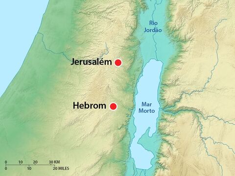 Absalão e 200 de seus convidados foram para Hebron. Quando ele chegou lá, ele enviou mensageiros a todas as partes de Israel para anunciar: "Assim que você ouvir as trombetas, saberá que Absalão foi coroado em Hebron." – Slide número 13