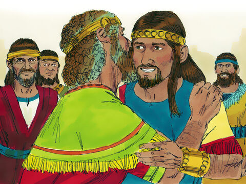 Davi convocou Absalão para voltar a Jerusalém e, embora não o visse imediatamente, mais tarde mandou chamar Absalão. Absalão chegou e se prostrou diante do pai, que o beijou. – Slide número 6