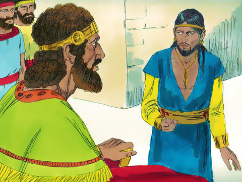 O rei Davi foi informado de que Naás,  o rei dos amonitas, havia morrido e seu filho Hanum o sucedera como rei. – Slide número 1