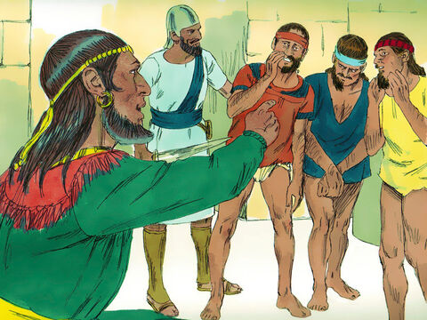 Então, o rei Hanum humilhou os enviados do rei Davi raspando metade da barba de cada homem e cortando suas roupas logo abaixo da cintura. – Slide número 4