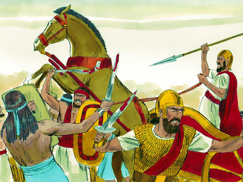 Joabe e, com ele, as tropas avançaram para lutar contra os arameus, que diante dele fugiram. – Slide número 8