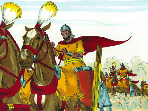 Seu exército se reuniu em Helam, na fronteira do reino de Davi. O rei Davi reuniu todos os seus soldados e se dirigiu a Helam para lutar com eles. – Slide número 12
