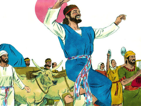 Davi e todos os israelitas estavam celebrando com todas as suas forças diante de Deus, com canções e com harpas, liras, pandeiros, címbalos e trombetas. – Slide número 8