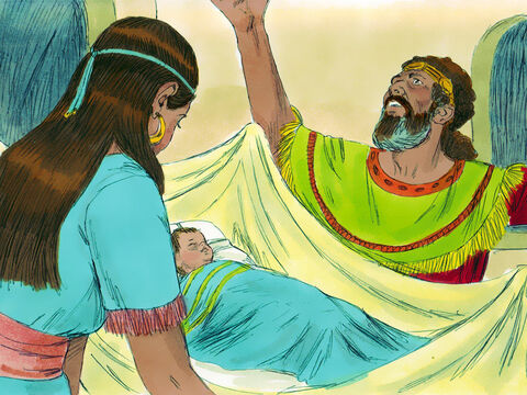 Depois que Natã foi para casa, a criança nascida de Bate-Seba e Davi adoeceu. Davi implorou a Deus para poupar a criança. Ele jejuava e passava as noites deitado de saco no chão. – Slide número 17