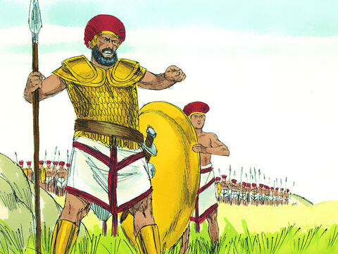 Golias desafiou os israelitas todas as manhãs e noites, durante quarenta dias. – Slide número 7