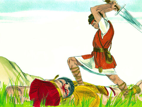 Davi correu, tirou a espada de Golias da bainha e cortou sua cabeça. – Slide número 17