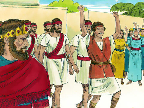 Depois que Davi matou Golias, ele voltou como um herói e o rei Saul ficou muito zangado e com ciúme dele. – Slide número 3