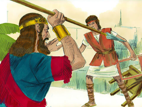 No dia seguinte, enquanto Davi tocava a lira, Saul tinha uma lança na mão. Ele a arremessou dizendo: “Vou pregá-lo na parede”. Mas David o evitou duas vezes. – Slide número 4