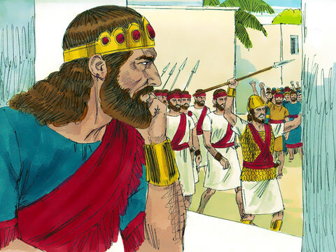 Saul planejou fazer com que Davi fosse morto em batalha, então o nomeou comandante de mil homens. No entanto, o Senhor estava com Davi e ele foi vitorioso nas batalhas, que o tornaram ainda mais popular. – Slide número 5