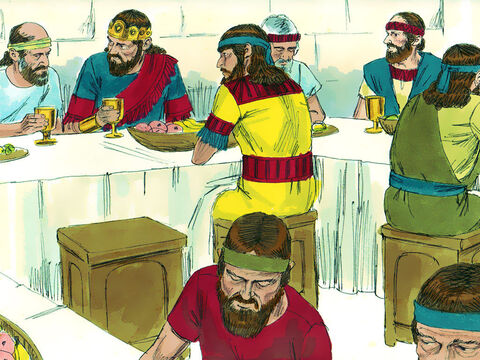 Então David se escondeu no campo. Quando chegou a festa da Lua Nova, o rei sentou-se para comer. O lugar de David estava vazio. Saul não comentou o porquê de Davi estar ausente. – Slide número 15