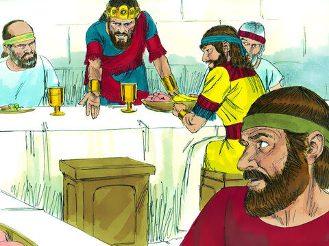 Mas no dia seguinte, quando o lugar de Davi à mesa ainda estava vazio, Saul perguntou: “Por que Davi não está aqui?” – Slide número 16