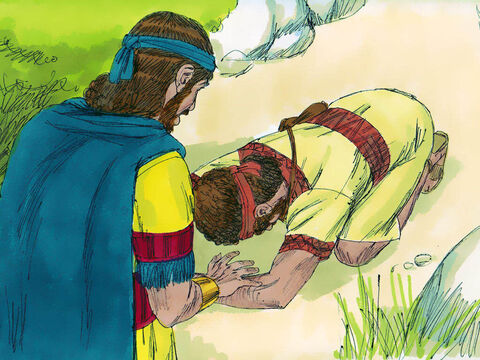Depois que o menino se foi, Davi levantou-se de seu esconderijo e se curvou três vezes diante de Jônatas, com o rosto no chão. – Slide número 22