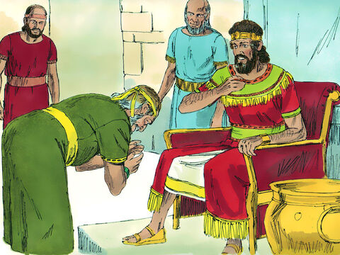 O rei perguntou a Ziba: "Ainda há alguém vivo da família de Saul a quem eu possa mostrar a benevolência de Deus?" Ziba respondeu: "Há Mefibosete, filho de Jônatas, que é coxo dos dois pés”. – Slide número 3