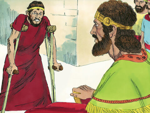 Davi disse então a Mefibosete que ele sempre comeria na mesa do rei com os filhos do rei e seria tratado como um deles. – Slide número 8