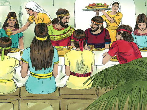 A partir daquele dia, todos os membros da casa de Ziba tornaram-se servos de Mefibosete. Mefibosete morava em Jerusalém e sempre comia à mesa do rei. – Slide número 9