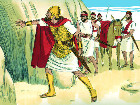 Davi e seus homens estavam escondidos em uma caverna. O rei Saul precisava se aliviar e foi sozinho para a caverna em que Davi estava escondido. – Slide número 11