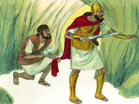 Em vez de matar Saul, Davi cortou a ponta de seu manto sem que ele notasse. “O Senhor me livre de colocar minhas mãos sobre o rei que Ele ungiu”, disse ele a seus homens. E ele os impediu de tentar matar Saul. – Slide número 13