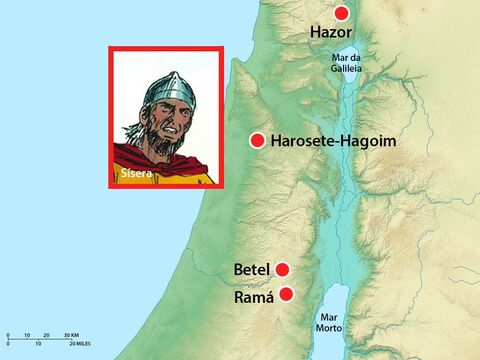O comandante do exército do rei Jabim era Sísera, que vivia em Harosete-Hagoim. – Slide número 5