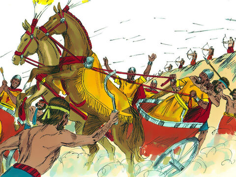 Choveu e o rio Quisom havia transbordado. Baraque liderou seus 10.000 guerreiros descendo as encostas do Monte Tabor para a batalha. Os carros de Sísera atolaram no barro úmido e seus guerreiros os abandonaram para fugir a pé. – Slide número 14