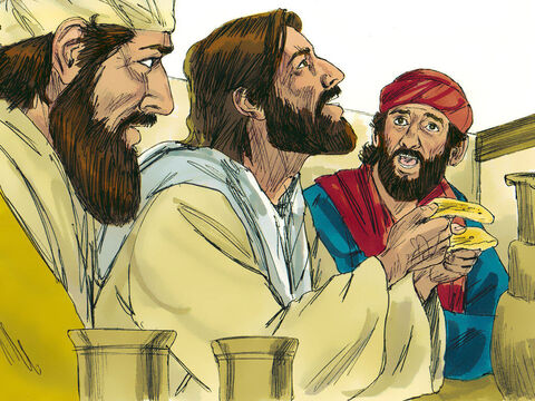 Enquanto comiam juntos, o estranho pegou o pão, partiu-o e deu-o a eles. Imediatamente, Deus permitiu que os dois discípulos vissem quem era o estranho. Jesus! – Slide número 11