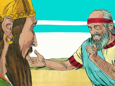 Obadias correu para encontrar o rei Acabe e lhe disse que havia encontrado Elias. – Slide número 7
