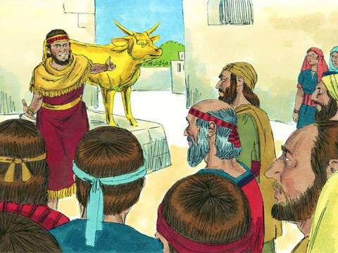 Então, o rei Acabe enviou mensageiros por todo o país, dizendo a todos que se reunissem no Monte Carmelo. Os 450 profetas de Baal e os 400 profetas do falso deus Aserá também foram convocados. – Slide número 10
