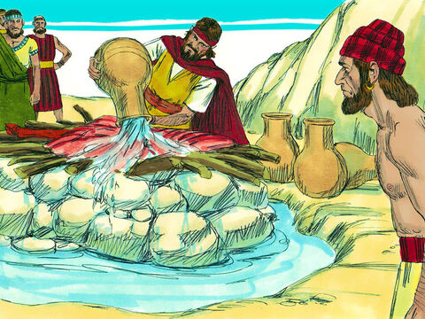 Elias então reuniu as pessoas ao seu redor e reconstruiu um altar de Deus que havia caído em ruínas. Ele colocou as 12 pedras e cavou um fosso ao redor delas. Então, sacrificou o touro e colocou a carne sobre lenha. A seguir, Elias deu uma ordem estranha: “‘Encham quatro jarros grandes com água e despejem sobre a oferenda e sobre a lenha”. Quando eles fizeram isso, Elias ordenou que eles o fizessem novamente e depois uma terceira vez. Ao todo, 12 grandes jarros foram derramados sobre o altar e a água escorreu para encher o fosso. – Slide número 16
