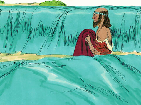 Eliseu então pegou a capa de Elias e foi para a margem do Jordão. Ele pegou a capa de Elias e golpeou a água com ela. “Onde está agora o Senhor Deus de Elias?”, perguntou ele. A água se dividiu para a direita e para a esquerda, e ele a cruzou. – Slide número 12