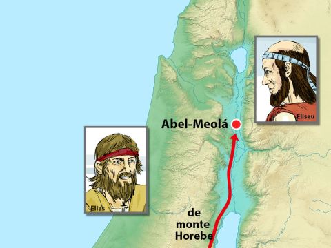 Enquanto Elias esteve no Monte Horebe, Deus lhe disse que  iria passar por ele. Elias experimentou uma tempestade, um terremoto e depois um fogo, mas Deus falou com ele com uma voz calma e serena. Uma das coisas que Deus disse a Elias para fazer foi viajar de volta à Israel à uma cidade chamada Abel-Meolá para ungir Eliseu como profeta e seu sucessor. Elias iniciou uma longa viagem ao norte. – Slide número 1