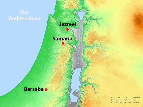 Na Judeia, Elias e seu servo continuaram fugindo para o sul para a Berseba, onde havia um poço com água para beber. – Slide número 6