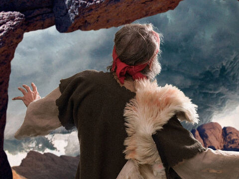 Elias saiu da caverna e se colocou de pé, esperando que Deus passasse. De repente, um grande e poderoso vento atingiu o monte, abalando as rochas. Mas Deus não estava naquela poderosa força. – Slide número 17