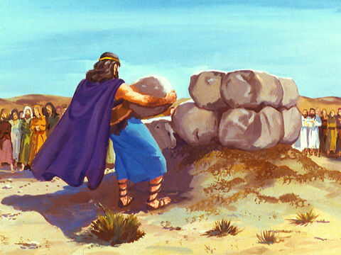 Primeiro, Elias pegou doze pedras e reconstruiu o altar do Senhor que estava destruído. – Slide número 33