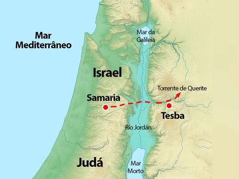 Slide opcional: Este mapa mostra a cidade onde Elias morava, Tisbe, em Samaria, onde o rei Acabe tinha seu palácio, e a provável localização do ribeiro de Querite, que percorria a ravina desértica. – Slide número 4