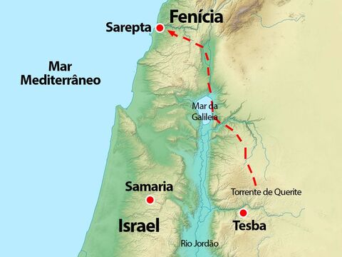 Mapa opcional. Este mapa mostra a localização de Sarepta, na Fenícia, um país ao norte de Israel e uma rota que provavelmente Elias havia feito para evitar ser localizado por aqueles que procuravam por ele. – Slide número 15