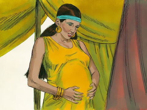 O Senhor respondeu à sua oração e Rebeca ficou grávida. Ela sentiu muito movimento em seu ventre e perguntou a Deus: “Por que isso está acontecendo comigo?” – Slide número 2