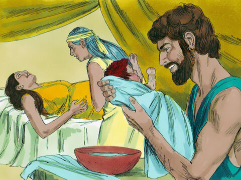 Quando chegou a hora de dar à luz, ela teve meninos gêmeos. O primeiro a sair era ruivo e todo o seu corpo era cabeludo, por isso o chamaram de Esaú. – Slide número 4