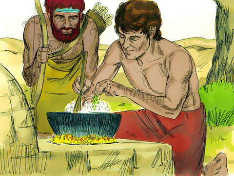Esaú chegou com fome e exausto de sua viagem de caça. “Rápido, deixe-me comer um pouco desse ensopado vermelho! Estou faminto!”, pediu ele a Jacó. – Slide número 10