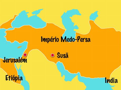 O rei Xerxes governou o império dos Medos e Persas, que se estendeu por 127 províncias da Etiópia à Índia. Muitos judeus viveram em seu império. – Slide número 2
