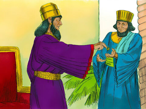 O rei tirou seu anel-sinete e o deu a Hamã.<br/>– Guarde o dinheiro e faça a este povo o que você acha melhor. – Slide número 20