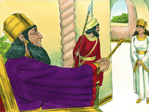 Capítulo 5: Ao terceiro dia, Ester vestiu suas roupas reais e permaneceu na câmara interna do palácio em frente ao saguão do rei. Quando o rei a viu, ele se agradou e estendeu seu cetro de ouro para poupar a vida dela. – Slide número 8