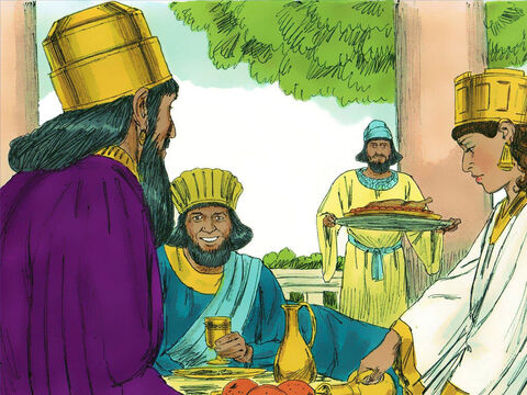 Então o rei e Hamã foram ao banquete que Ester havia preparado. <br/>– Qual o seu pedido? – o rei perguntou. – Slide número 10