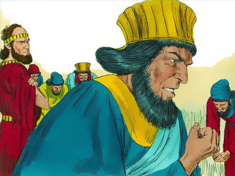 Hamã deixou o palácio de bom humor, mas quando ele viu que Mordecai não se curvava ou mostrava-lhe respeito, ele ficou cheio de ira. – Slide número 12