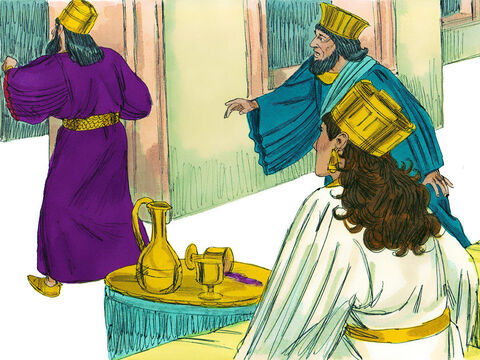 – Um inimigo, – Ester respondeu, – este vilão Hamã.<br/>Hamã parecia apavorado. O rei levantou-se irado e entrou no jardim do palácio. – Slide número 3