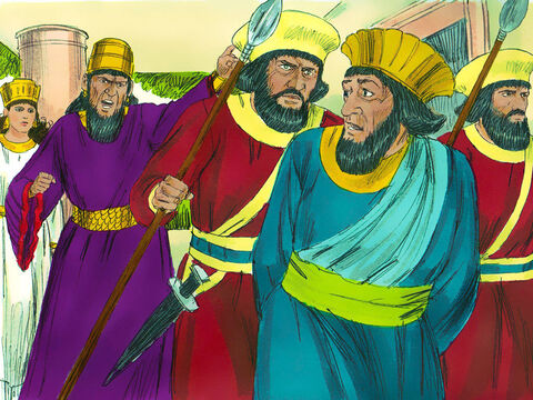 Enforquem Hamã nele! – o rei ordenou.<br/>Hamã foi levado para fora para ser executado. Então a fúria do rei diminuiu. – Slide número 5