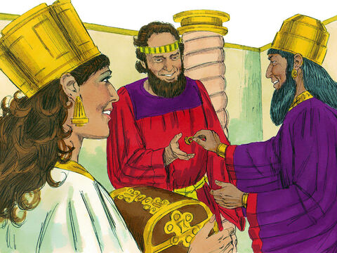 Capítulo 8: Naquele dia o rei deu a Ester as propriedades de Hamã. Ester contou ao rei que ela era parente de Mordecai. O rei deu a Mordecai o anel-sinete de Hamã e Ester o encarregou para cuidar das riquezas e possessões de Hamã. – Slide número 6